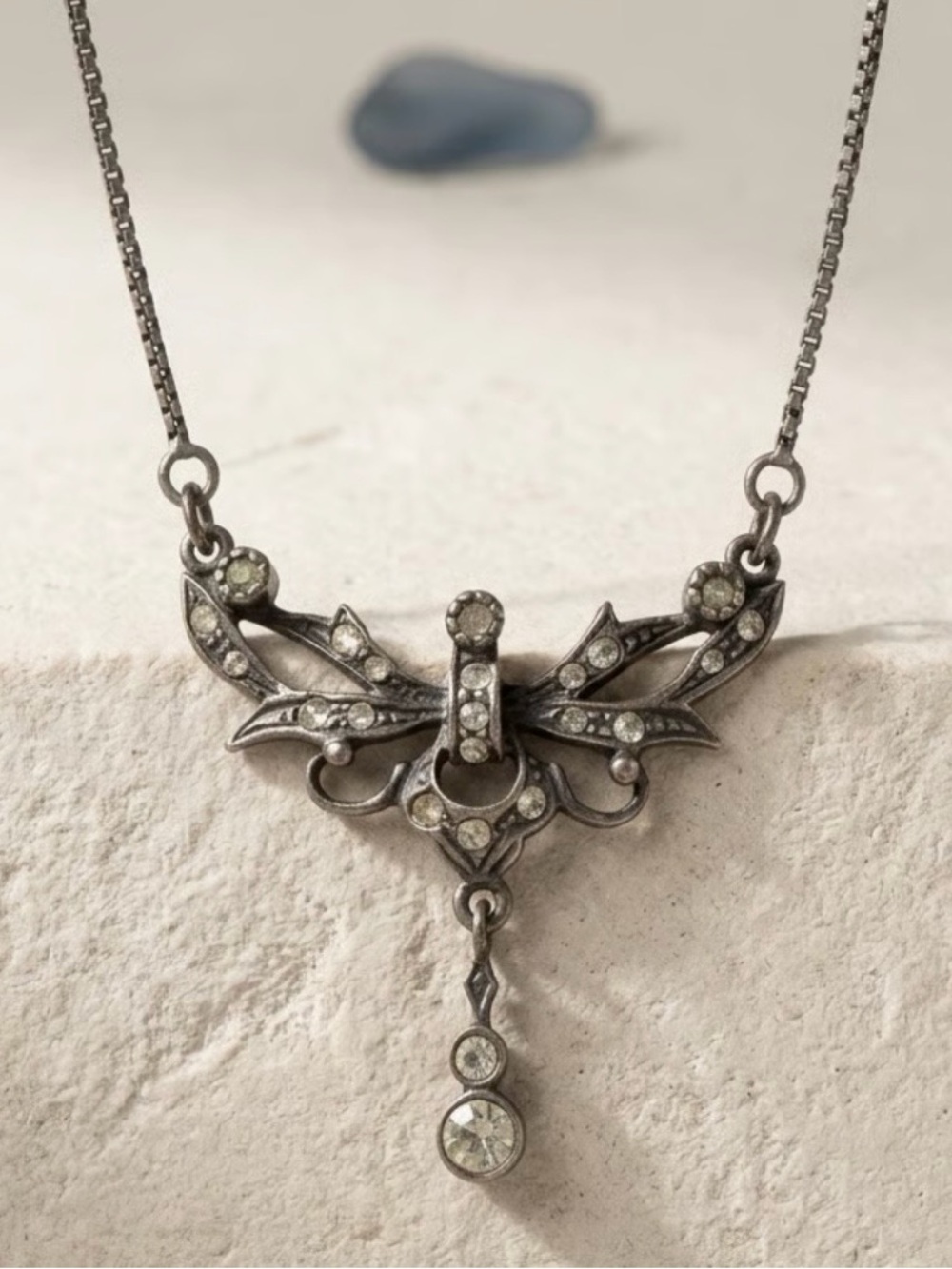 Women's Sterling Silver Crystal Drop Pendant Art Nouveau Necklace